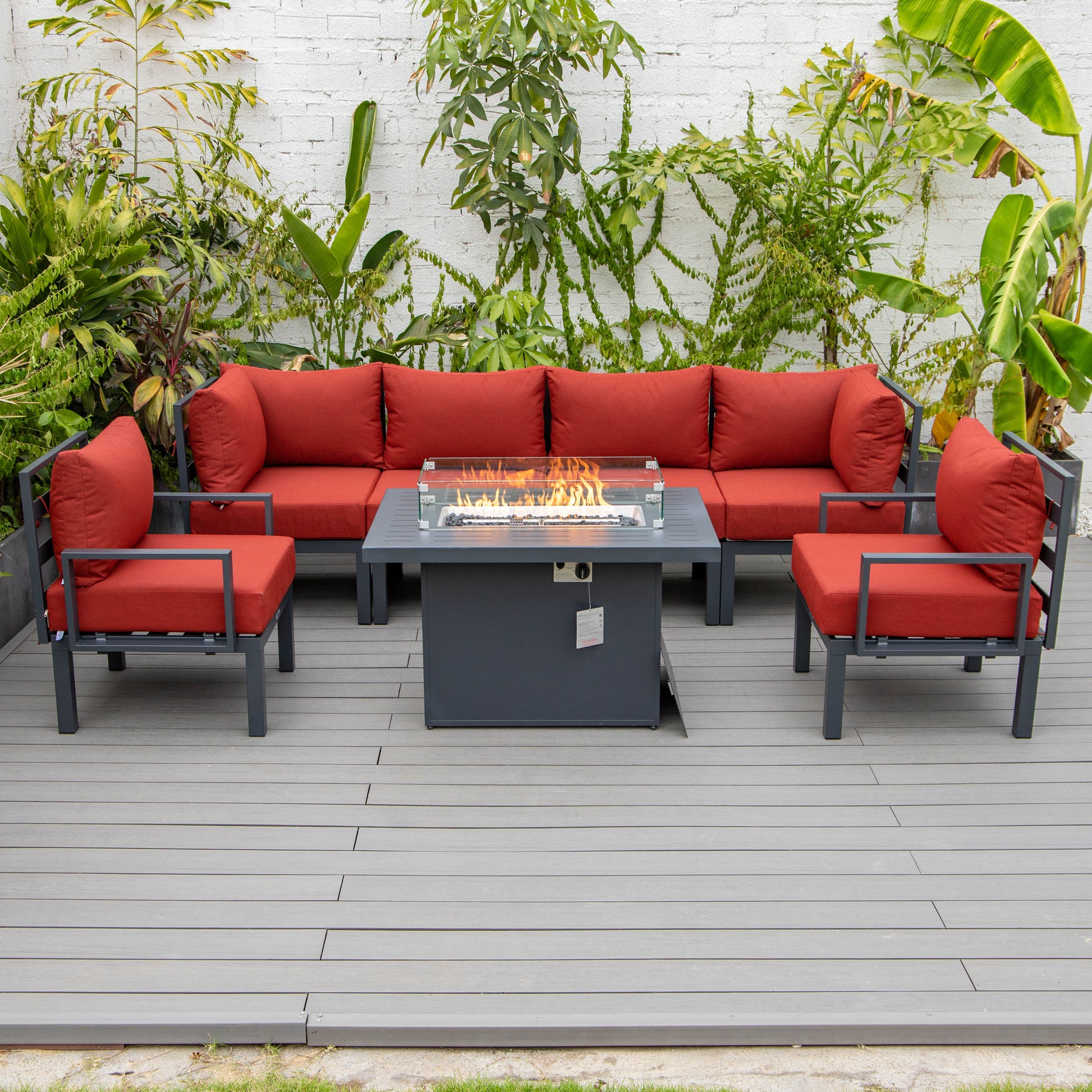 Chelsea 7-Piece Patio Sectional Set in Black Aluminum with Fire Pit Table Orange Leisuremod