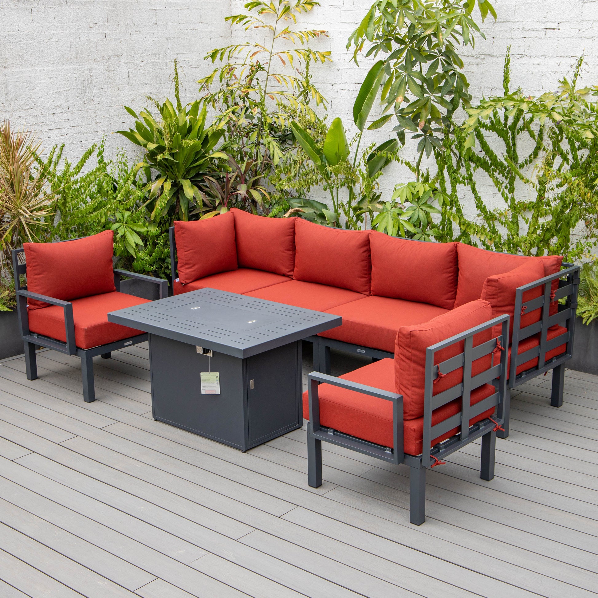 Chelsea 7-Piece Patio Sectional Set in Black Aluminum with Fire Pit Table Orange Leisuremod