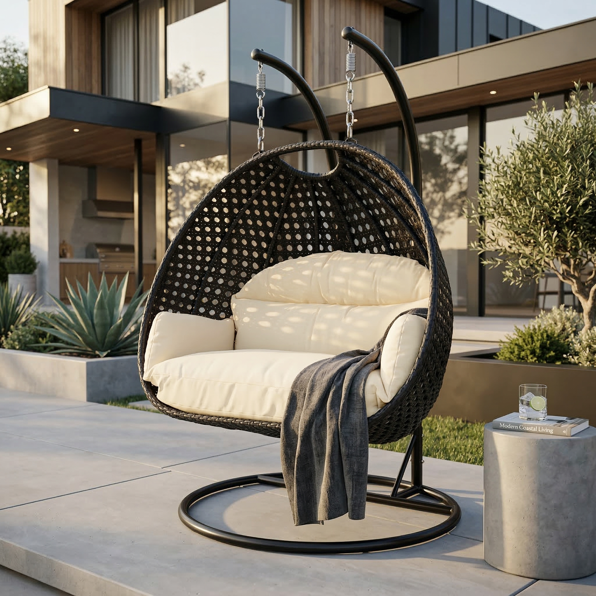 Mendoza 2-Person Wicker Hanging Egg Swing Chair with Removable Cushions and Iron Base