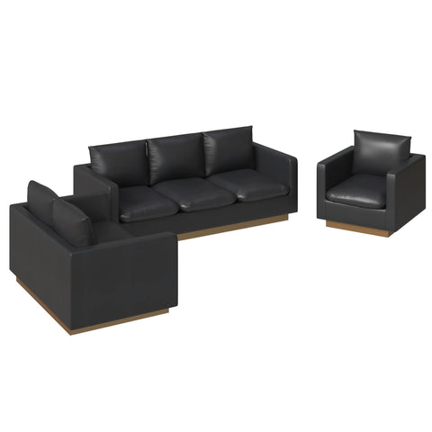 Nervo Leather 3-Piece Living Room Sofa Set With Gold Frame and Removable Cushions