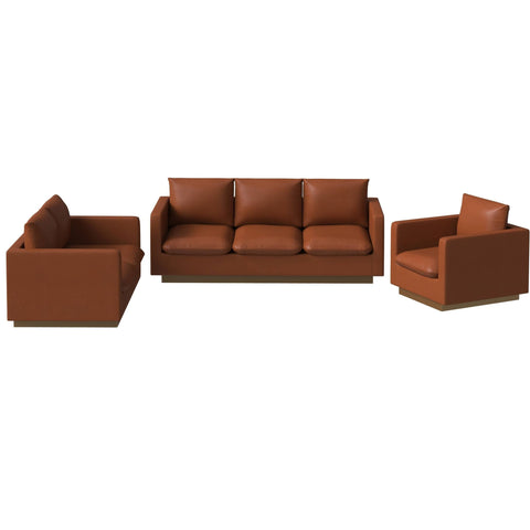 Nervo Leather 3-Piece Living Room Sofa Set With Gold Frame and Removable Cushions