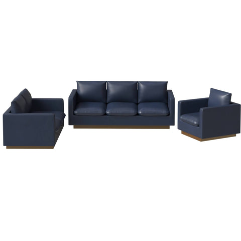 Nervo Leather 3-Piece Living Room Sofa Set With Gold Frame and Removable Cushions