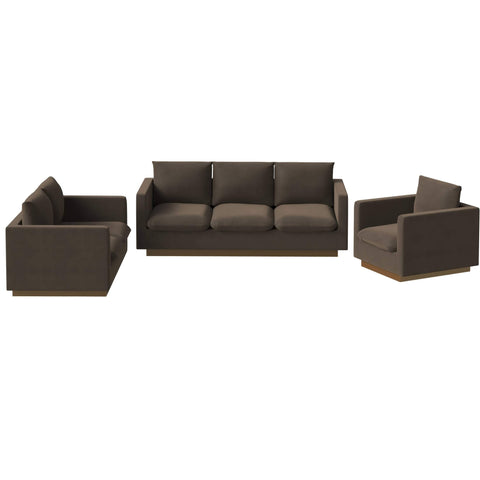 Nervo Velvet 3-Piece Living Room Sofa Set With Gold Frame and Removable Cushions