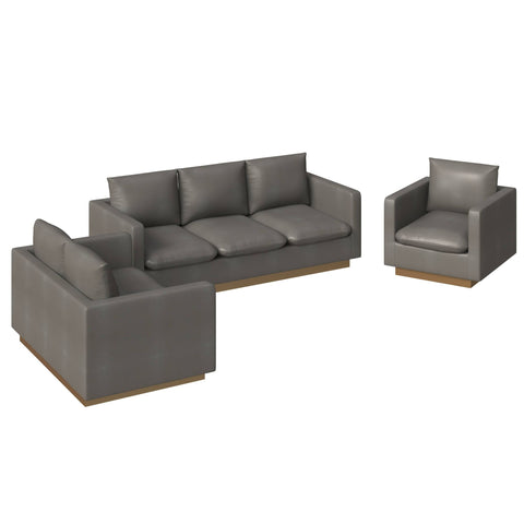 Nervo Leather 3-Piece Living Room Sofa Set With Gold Frame and Removable Cushions