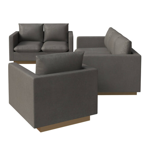 Nervo Leather 3-Piece Living Room Sofa Set With Gold Frame and Removable Cushions