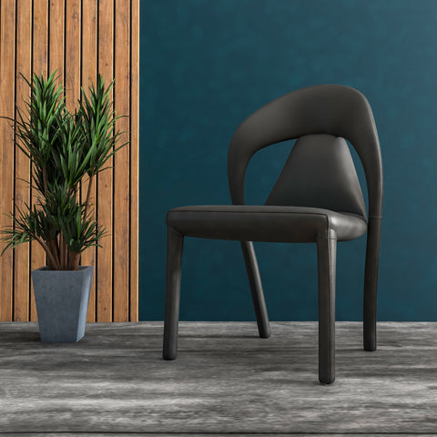 Solace Series Dining Chair Upholstered in Leather with Steel Legs and an Open Back Design