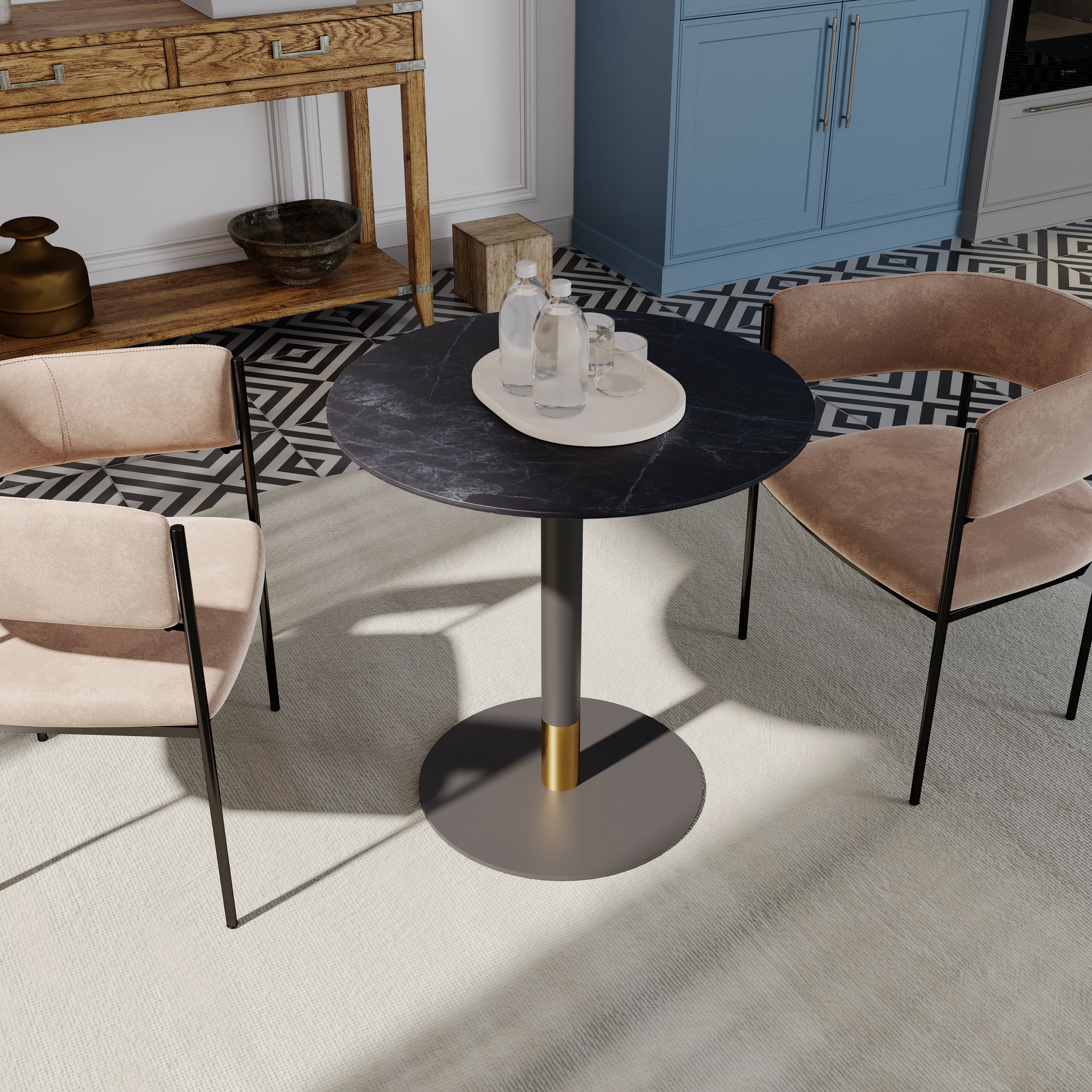 Vail Collection Dining Table Black/Gold Round Base With 27"/36" Round Sintered Stone and MDF Wood Top