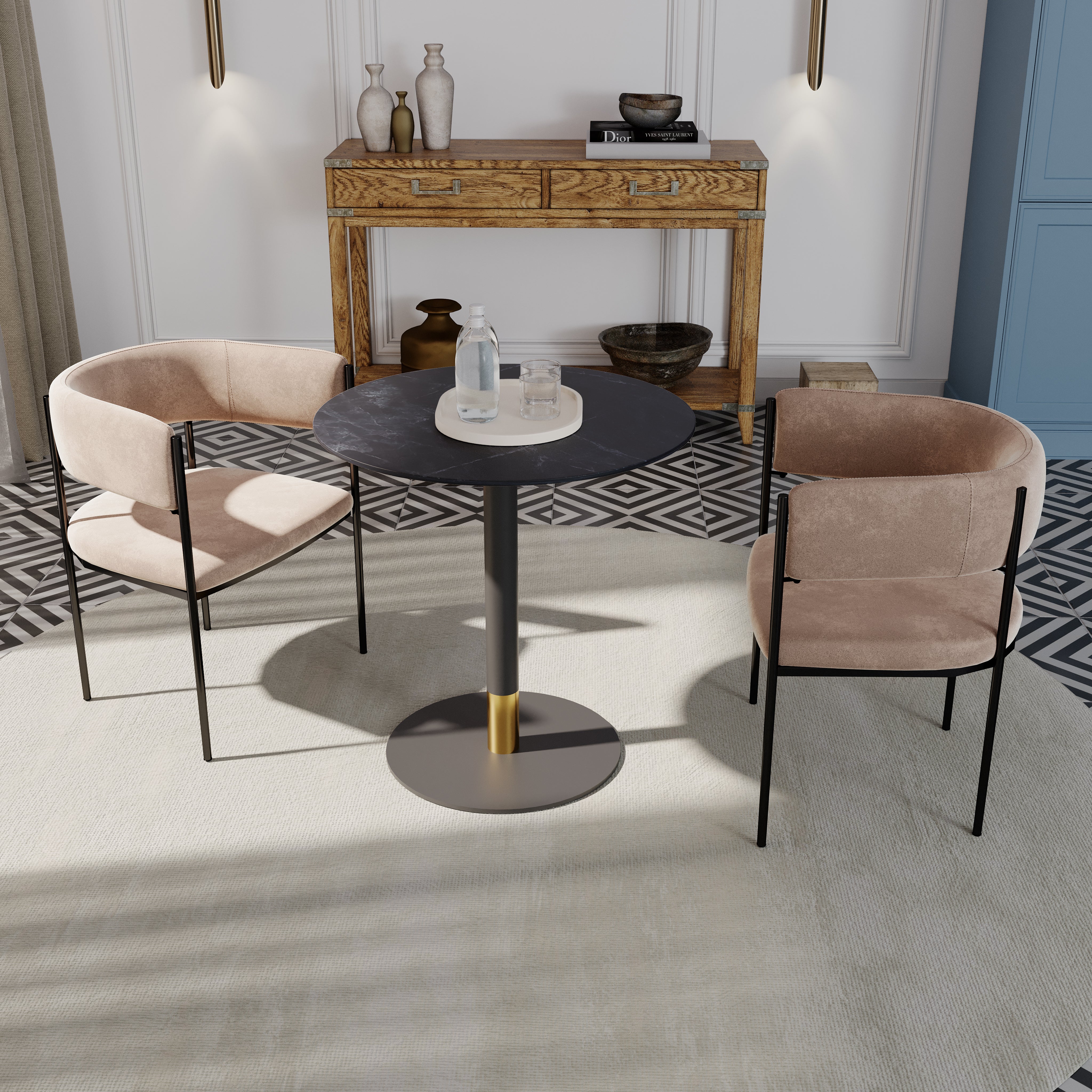 Vail Collection Dining Table Black/Gold Round Base With 27"/36" Round Sintered Stone and MDF Wood Top