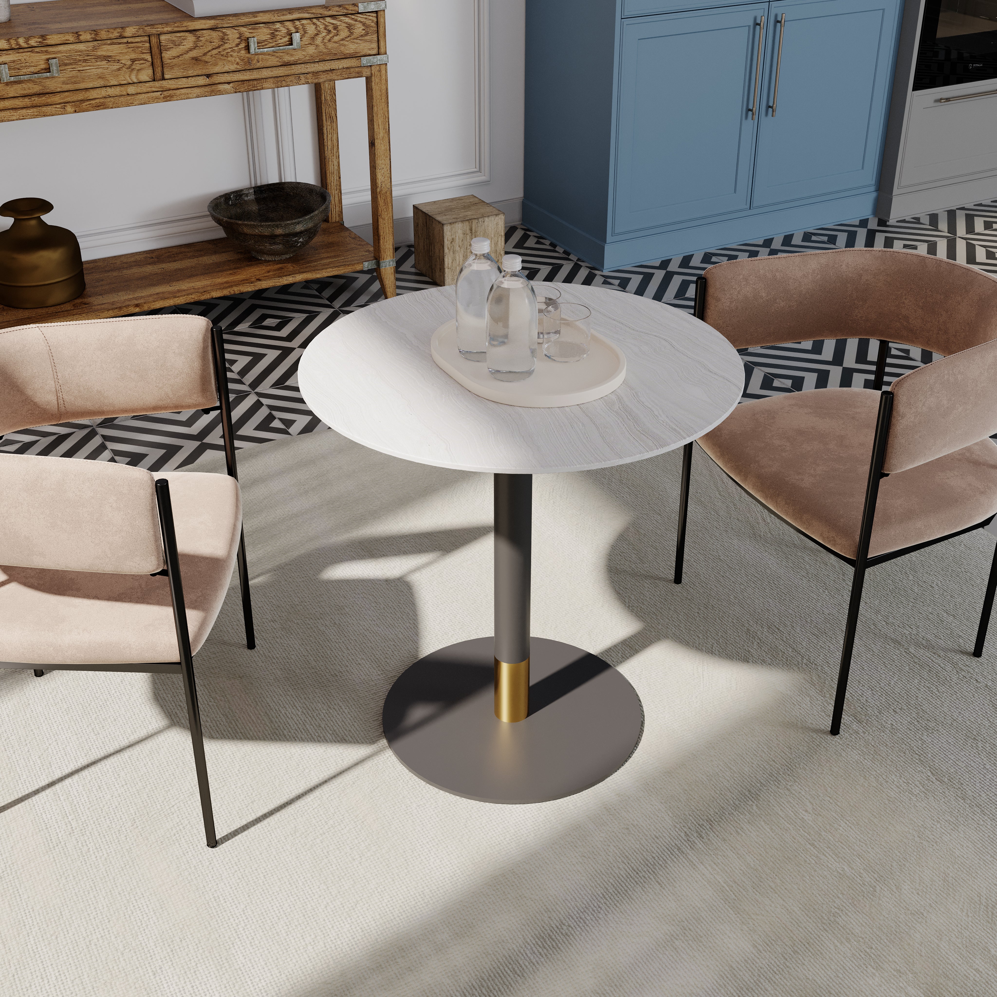 Vail Collection Dining Table Black/Gold Round Base With 27"/36" Round Sintered Stone and MDF Wood Top