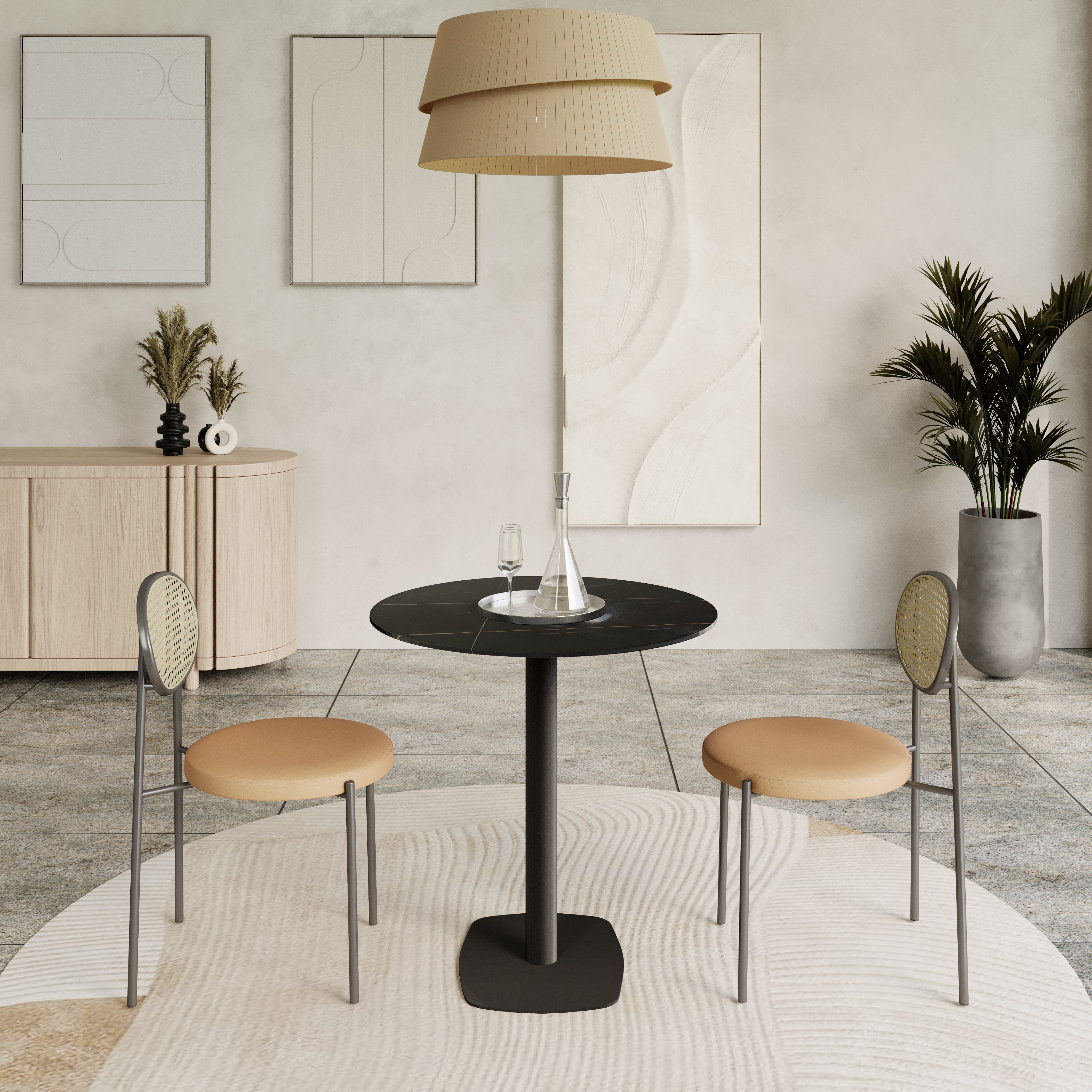 Vail Collection Dining Table Black Rectangle Base With 27"/36" Round Dark Brown MDF Wood/Sintered Stone Top