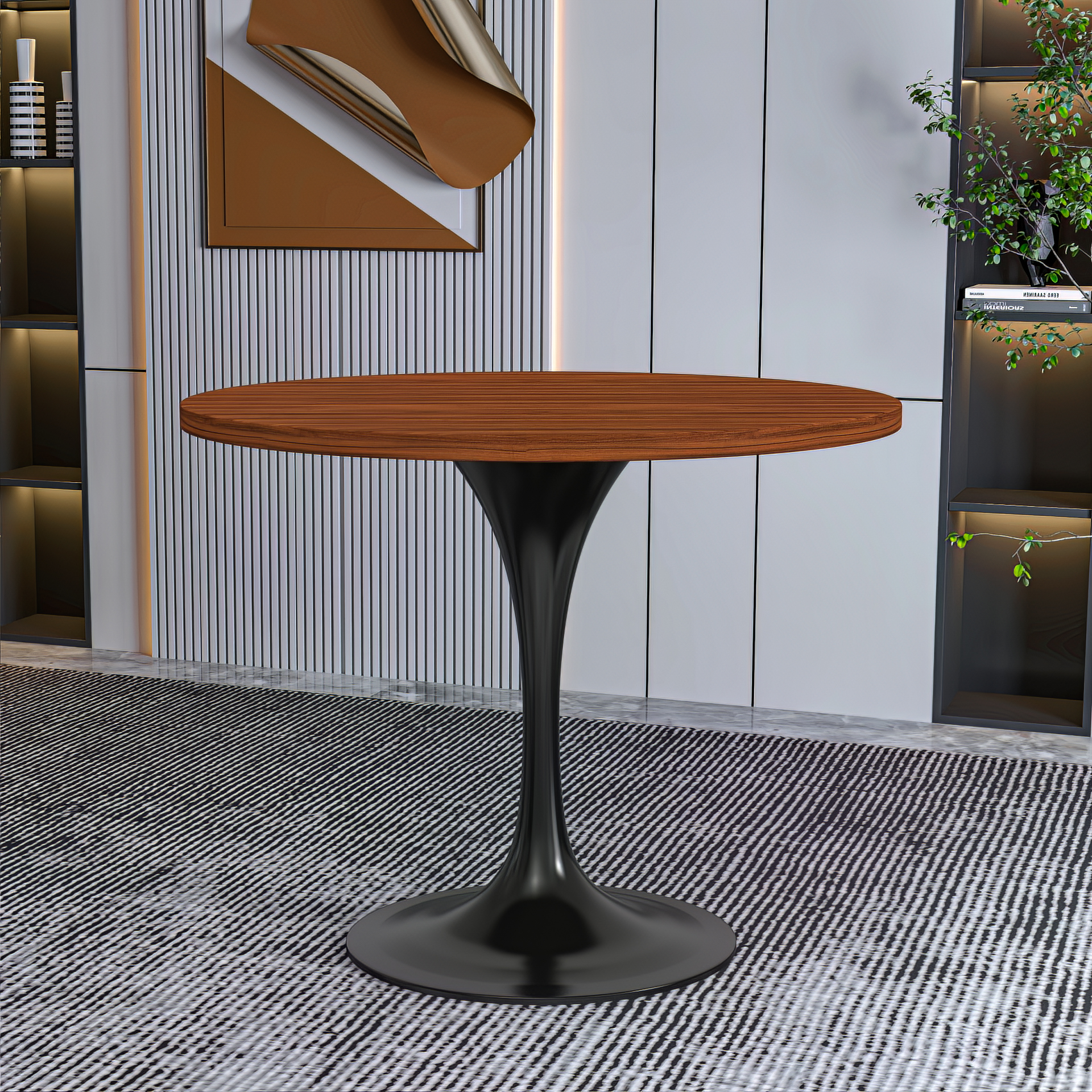 Verve Round Dining Table with MDF/Sintered Stone/Resin Tabletop in Black Stainless Steel Pedestal Base