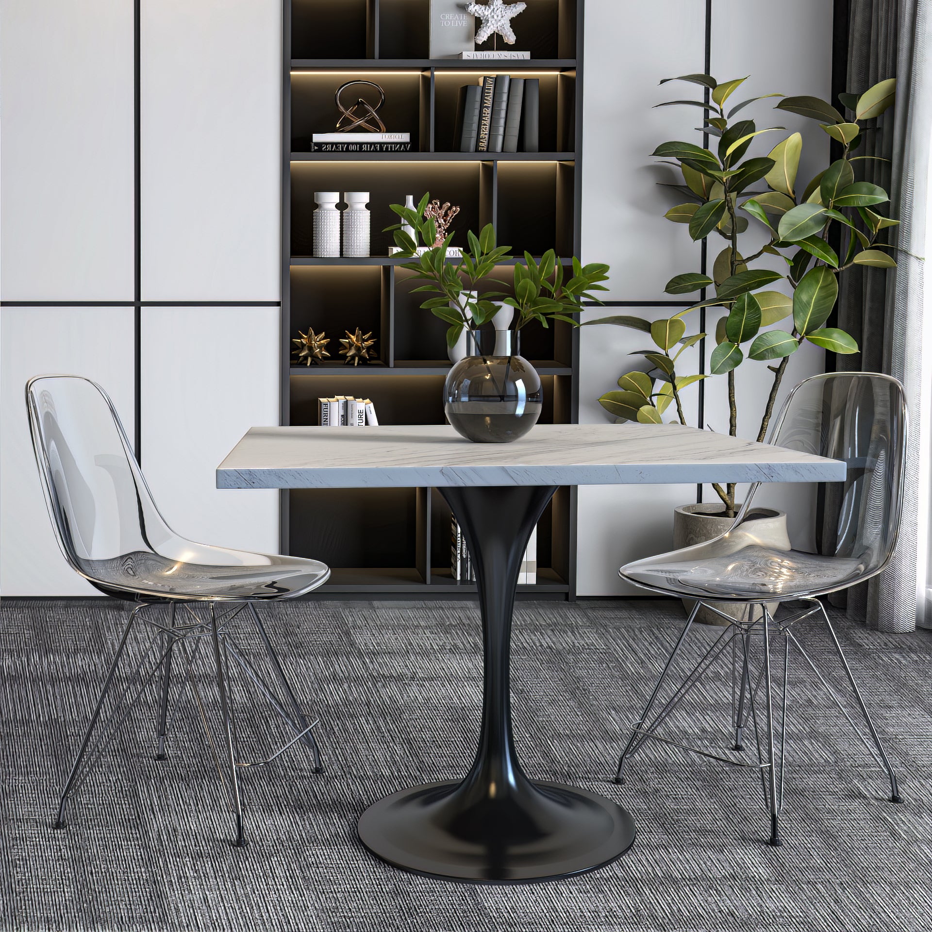 Verve Collection 24"Square Dining Table, Black/White/Brushed Gold Base with MDF Top 36 Inch Black Marbled White Resin Dining Table Leisuremod