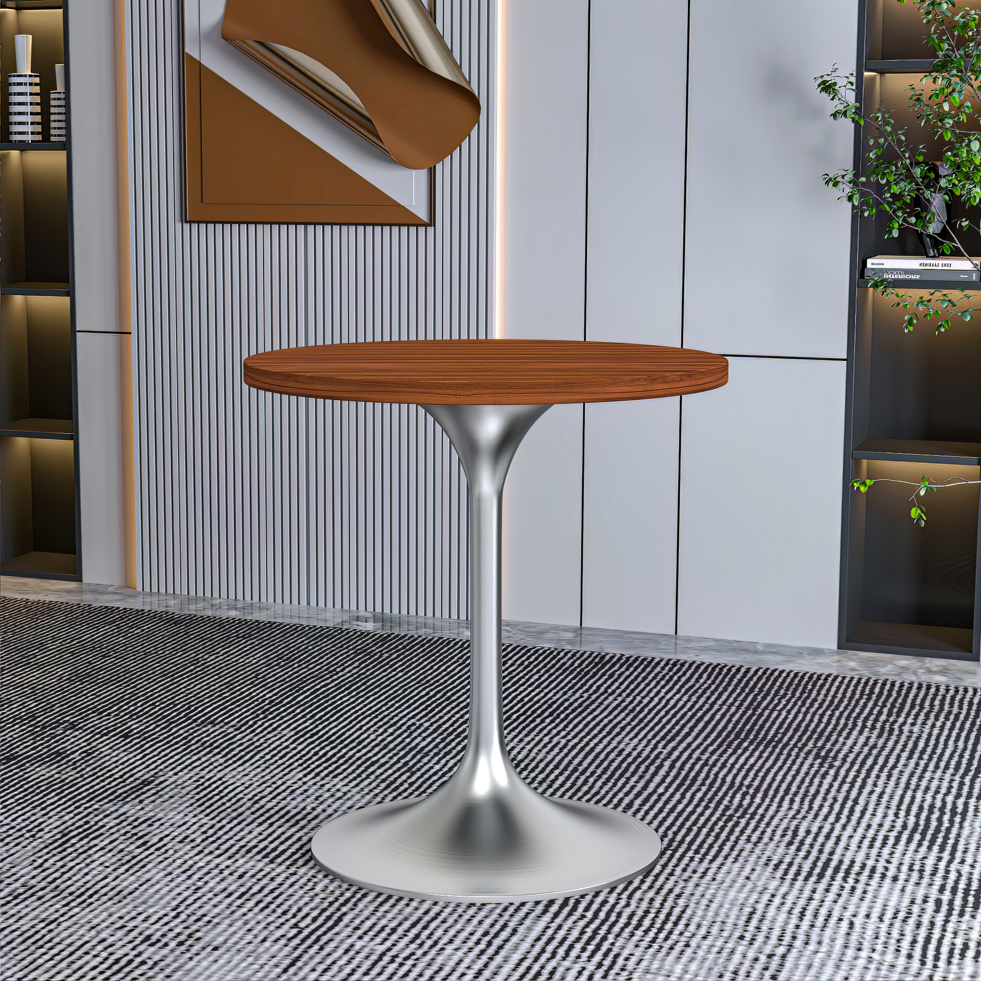 Verve Round Dining Table with MDF/Sintered Stone/Resin Tabletop in Silver Stainless Steel Pedestal Base