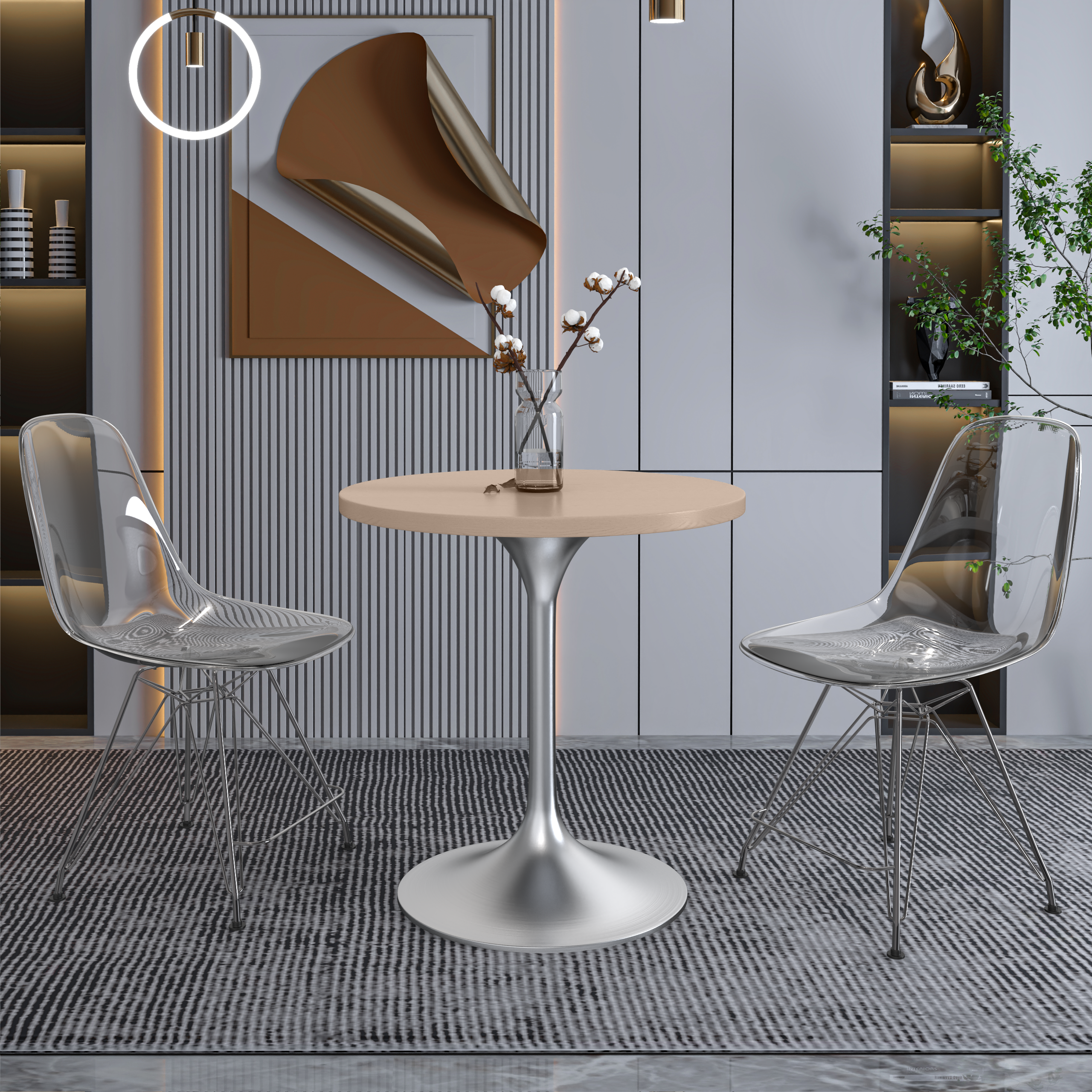 Verve Round Dining Table with MDF/Sintered Stone/Resin Tabletop in Silver Stainless Steel Pedestal Base
