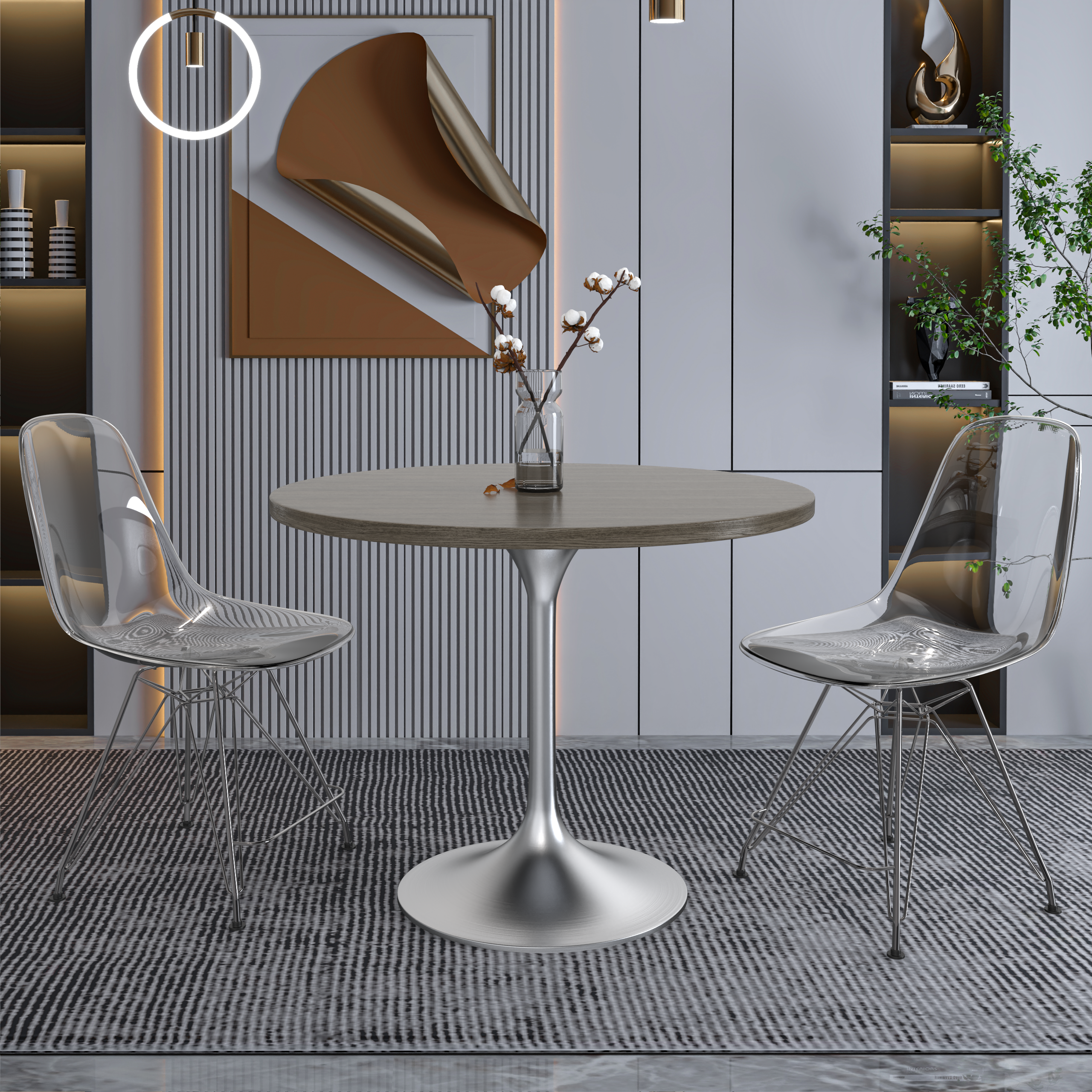 Verve Round Dining Table with MDF/Sintered Stone/Resin Tabletop in Silver Stainless Steel Pedestal Base