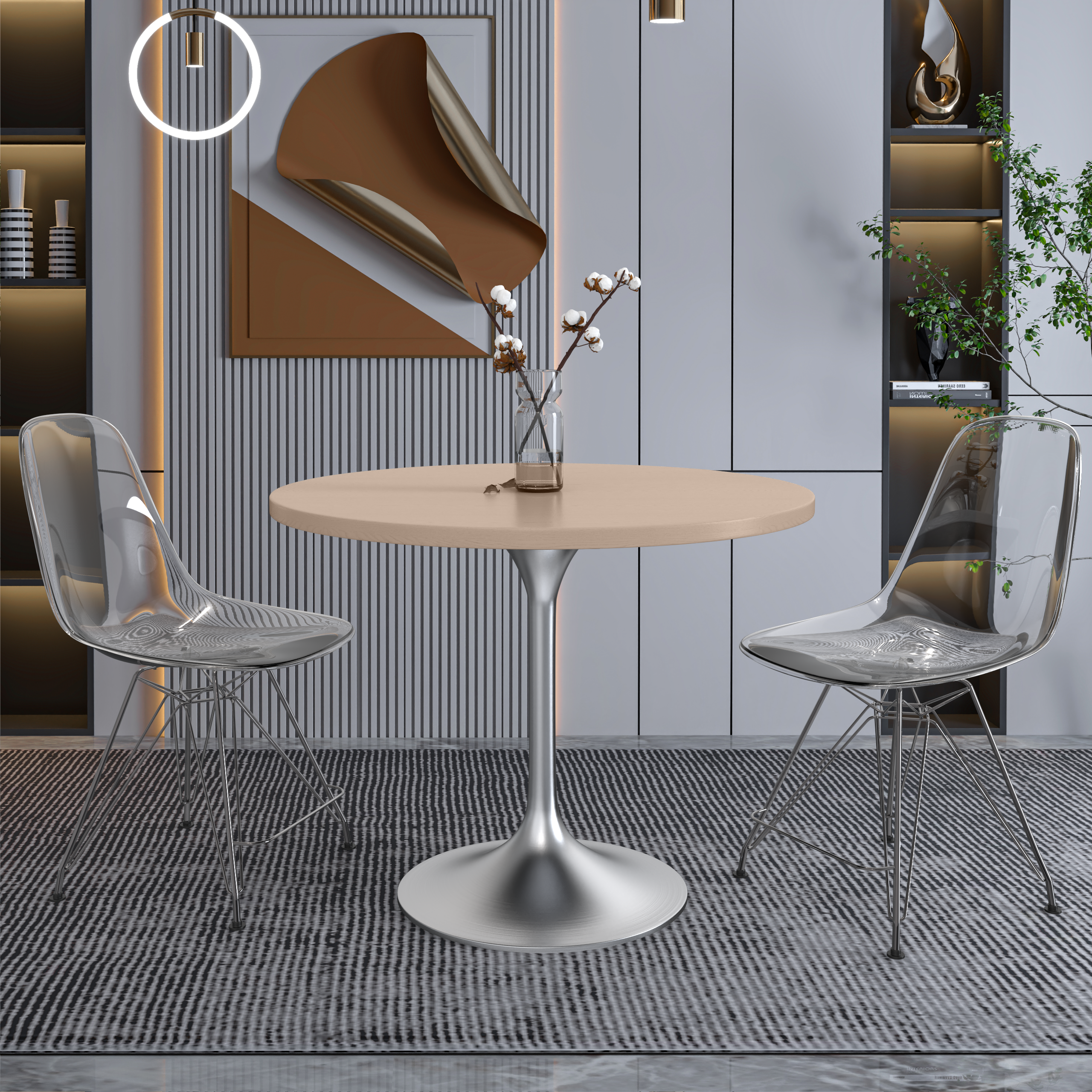 Verve Round Dining Table with MDF/Sintered Stone/Resin Tabletop in Silver Stainless Steel Pedestal Base