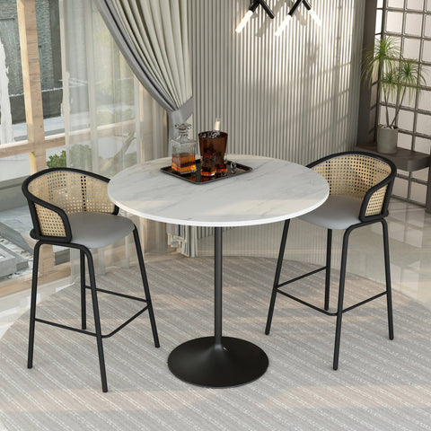 Verve Bar Height Dining Table with Round White Resin Top and Black Stainless Steel Base