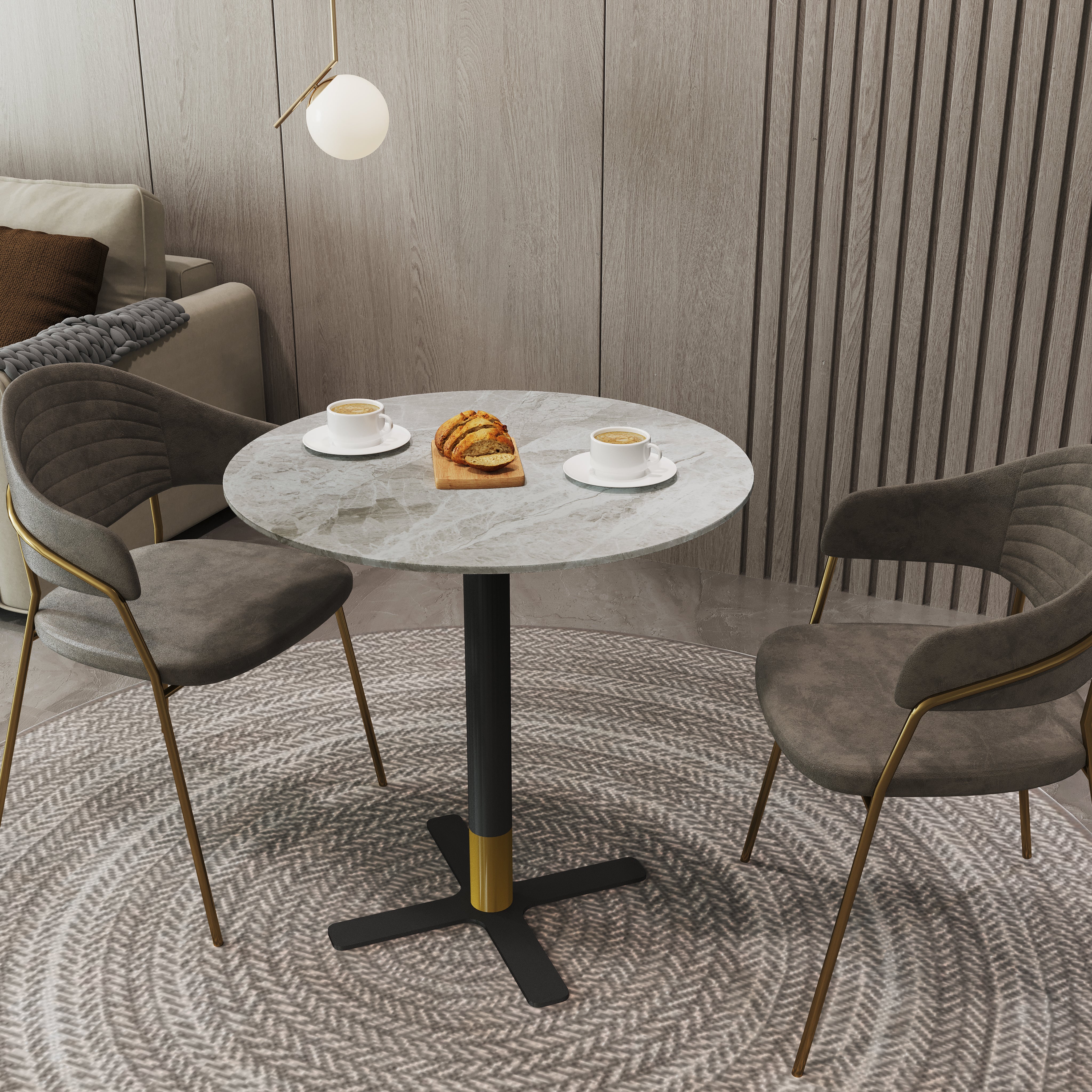 Vail Collection Dining Table Black/Gold X Base With Round MDF Wood/Sintered Stone Top