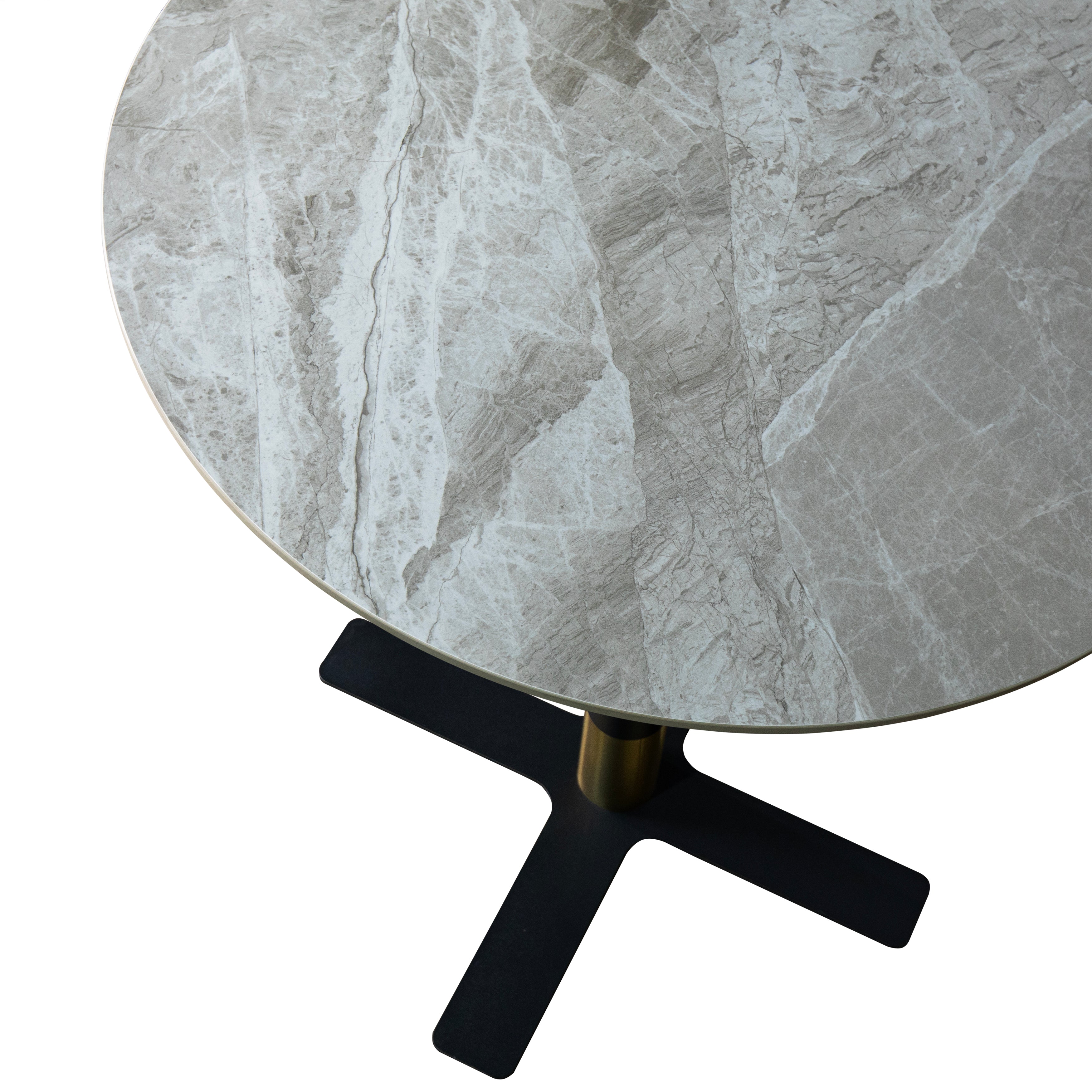 Vail Collection Dining Table Black/Gold X Base With Round MDF Wood/Sintered Stone Top