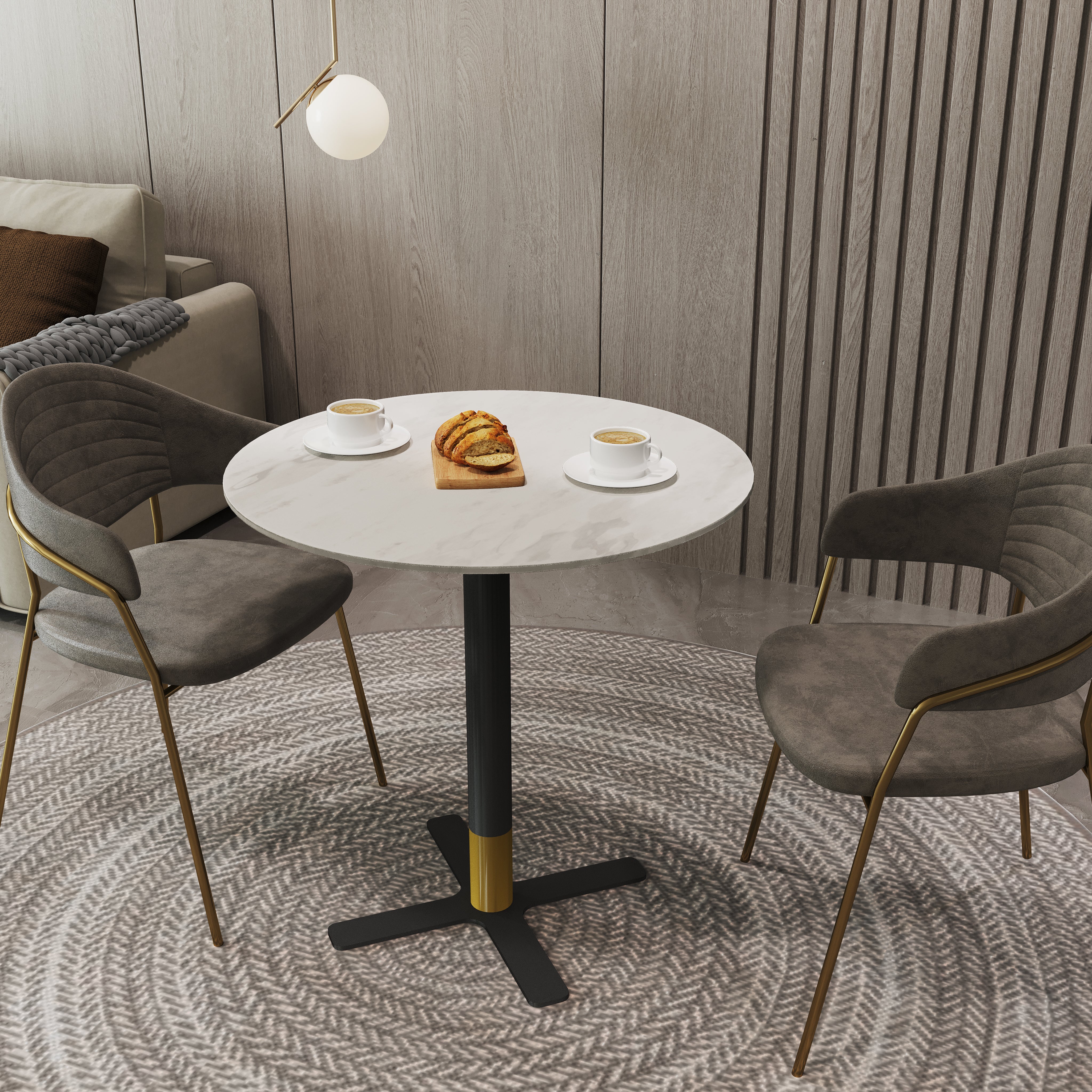 Vail Collection Dining Table Black/Gold X Base With Round MDF Wood/Sintered Stone Top