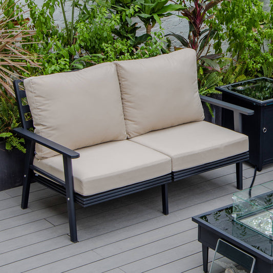 Walbrooke Modern Outdoor Patio Loveseat with Black Aluminum Frame and Removable Cushions