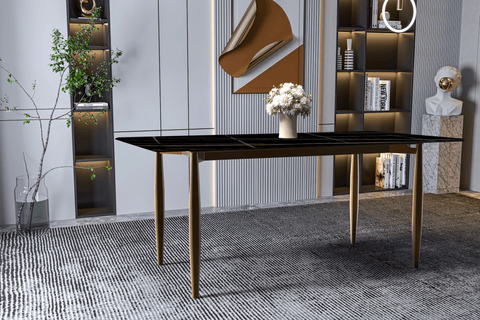 Zinti Dining Table with Glass or Sintered Stone Rectangular Wide Tabletop with Steel Base and Legs