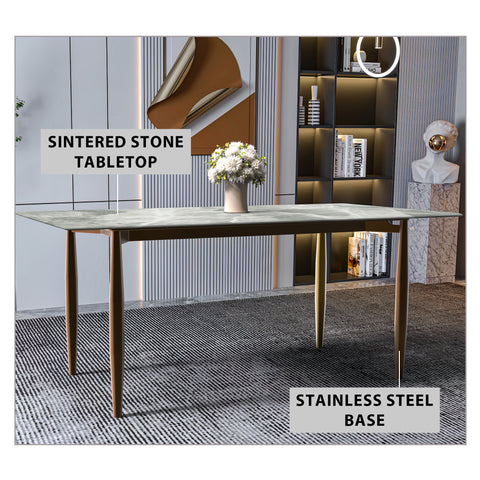 Zinti Dining Table with Glass or Sintered Stone Rectangular Wide Tabletop with Steel Base and Legs