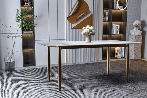 Zinti Dining Table with Glass or Sintered Stone Rectangular Wide Tabletop with Steel Base and Legs