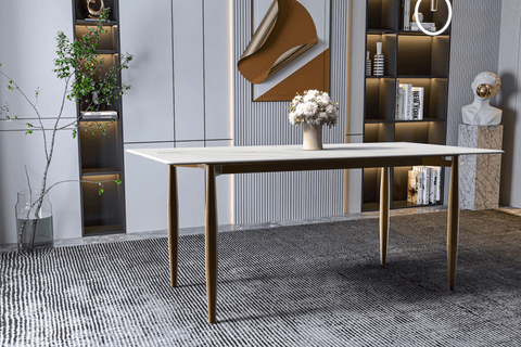 Zinti Dining Table with Glass or Sintered Stone Rectangular Wide Tabletop with Steel Base and Legs