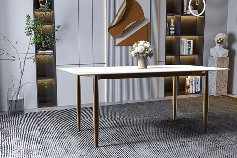 Zinti Dining Table with Glass or Sintered Stone Rectangular Wide Tabletop with Steel Base and Legs