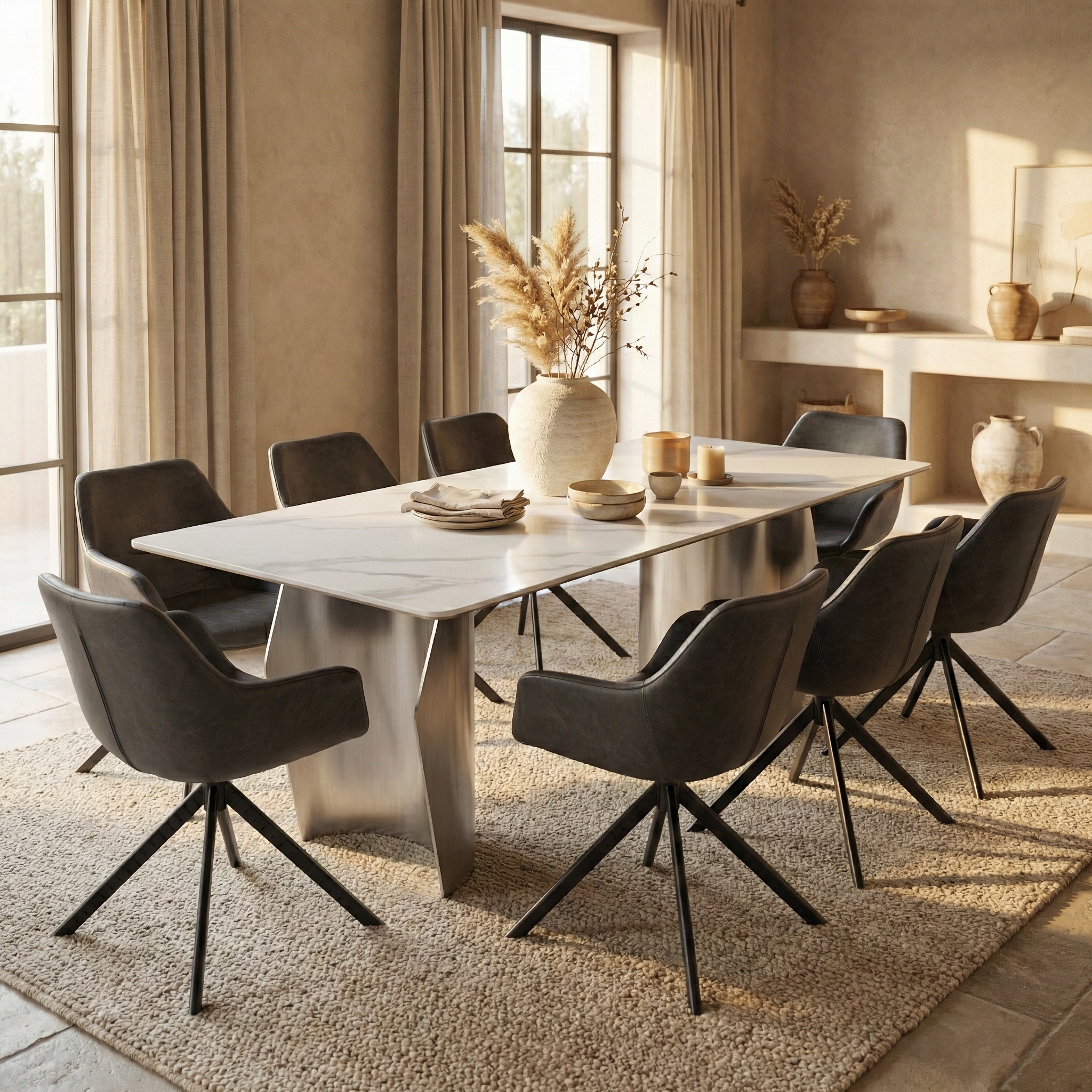 Zelan Dining Table with Rectangular Sintered Stone Tabletop and Stainless Steel Legs