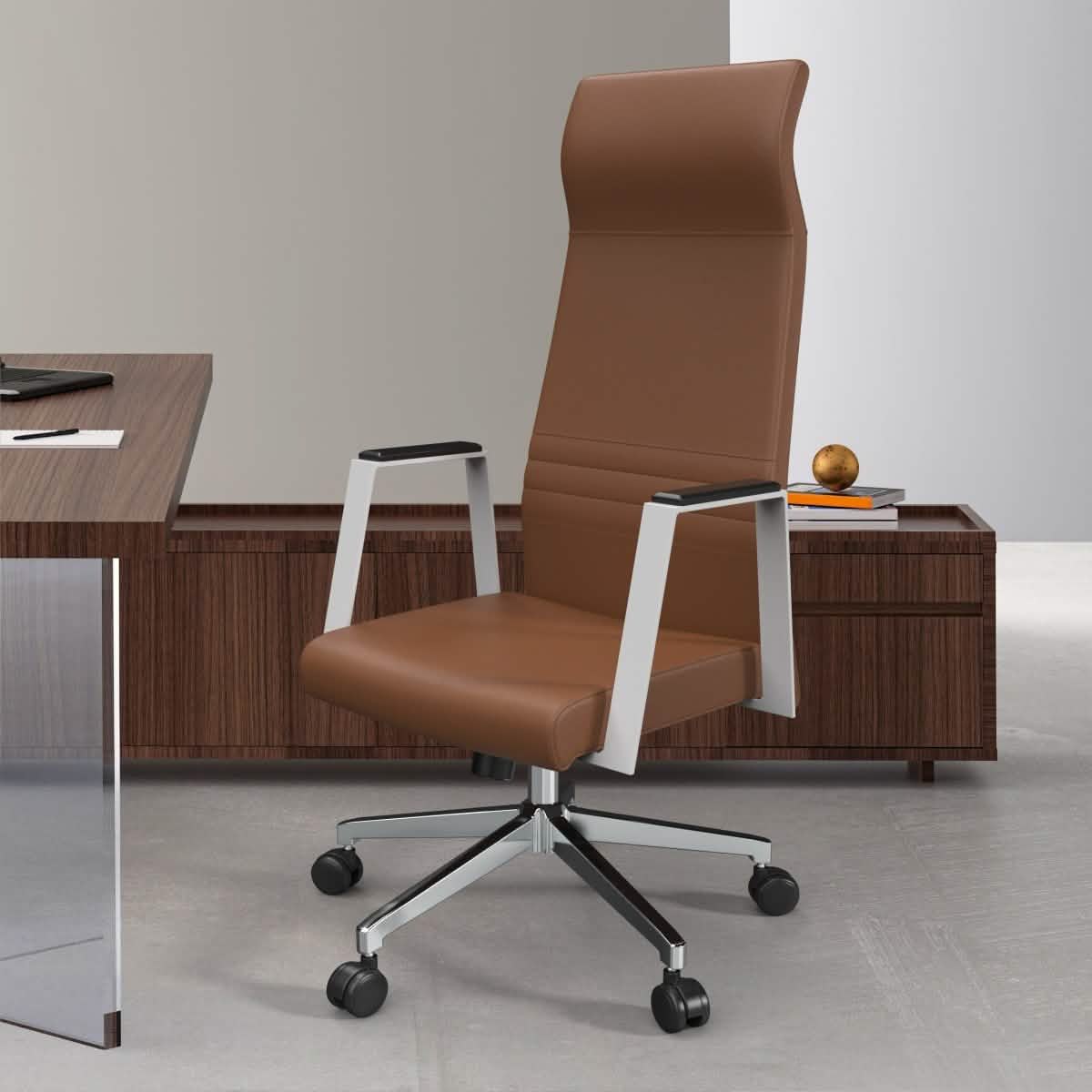 Aleen High - Back Office Chair in Upholstered Leather and Iron Frame with Swivel and Tilt