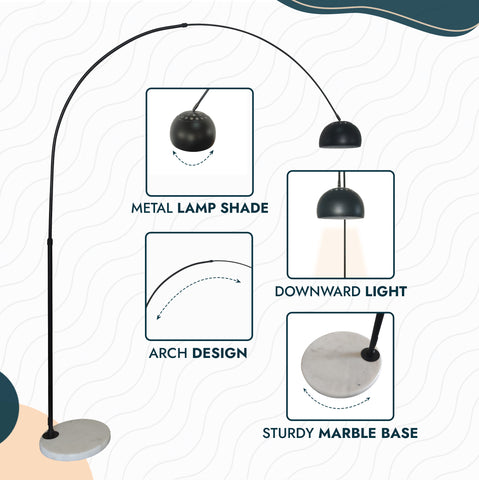 Arco Modern Arched Floor Lamp 76" Height with White Round Marble Base and Metal Dome Lamp Shade