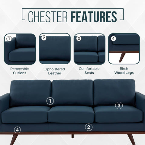 Chester 3-Seater Leather Full Size Sofa in Birch Wood Base