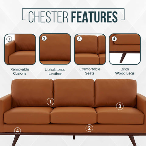 Chester 3-Seater Leather Full Size Sofa in Birch Wood Base