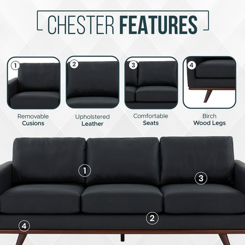 Chester 3-Seater Leather Full Size Sofa in Birch Wood Base