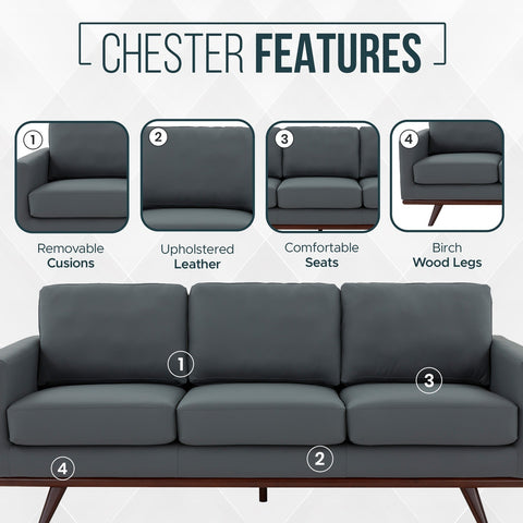 Chester 3-Seater Leather Full Size Sofa in Birch Wood Base