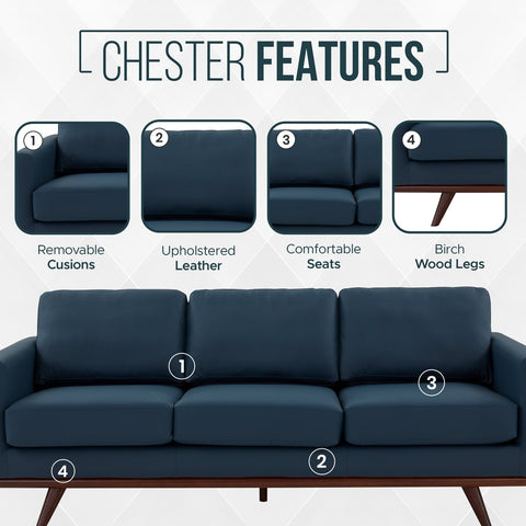 Chester 3-Seater Leather Full Size Sofa in Birch Wood Base