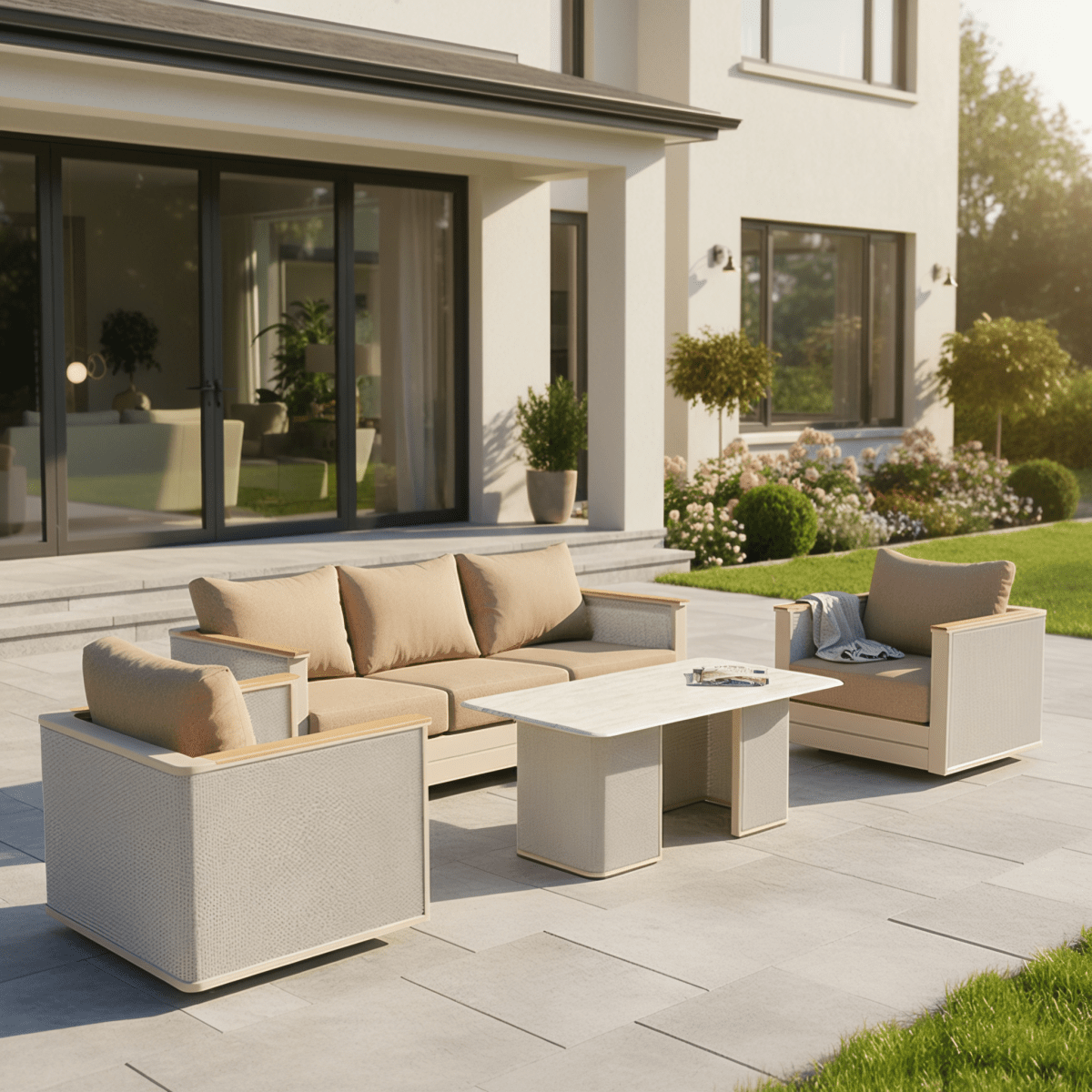 Arvin 4-Piece Conversation Set with Coffee Table, Sofa, and 2 Accent Chairs Taupe Conversation Set Leisuremod