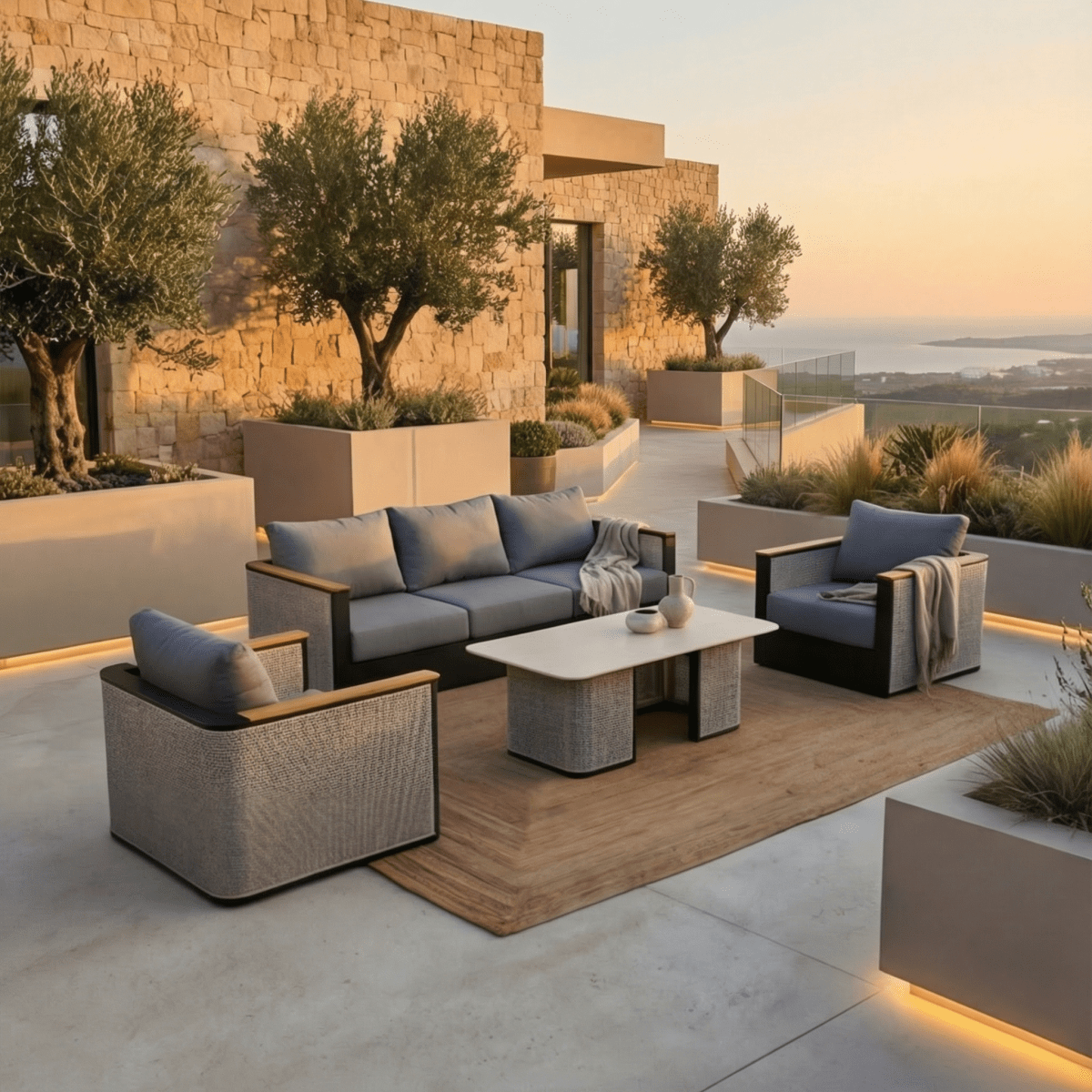 Arvin 4-Piece Conversation Set with Coffee Table, Sofa, and 2 Accent Chairs Black Conversation Set Leisuremod