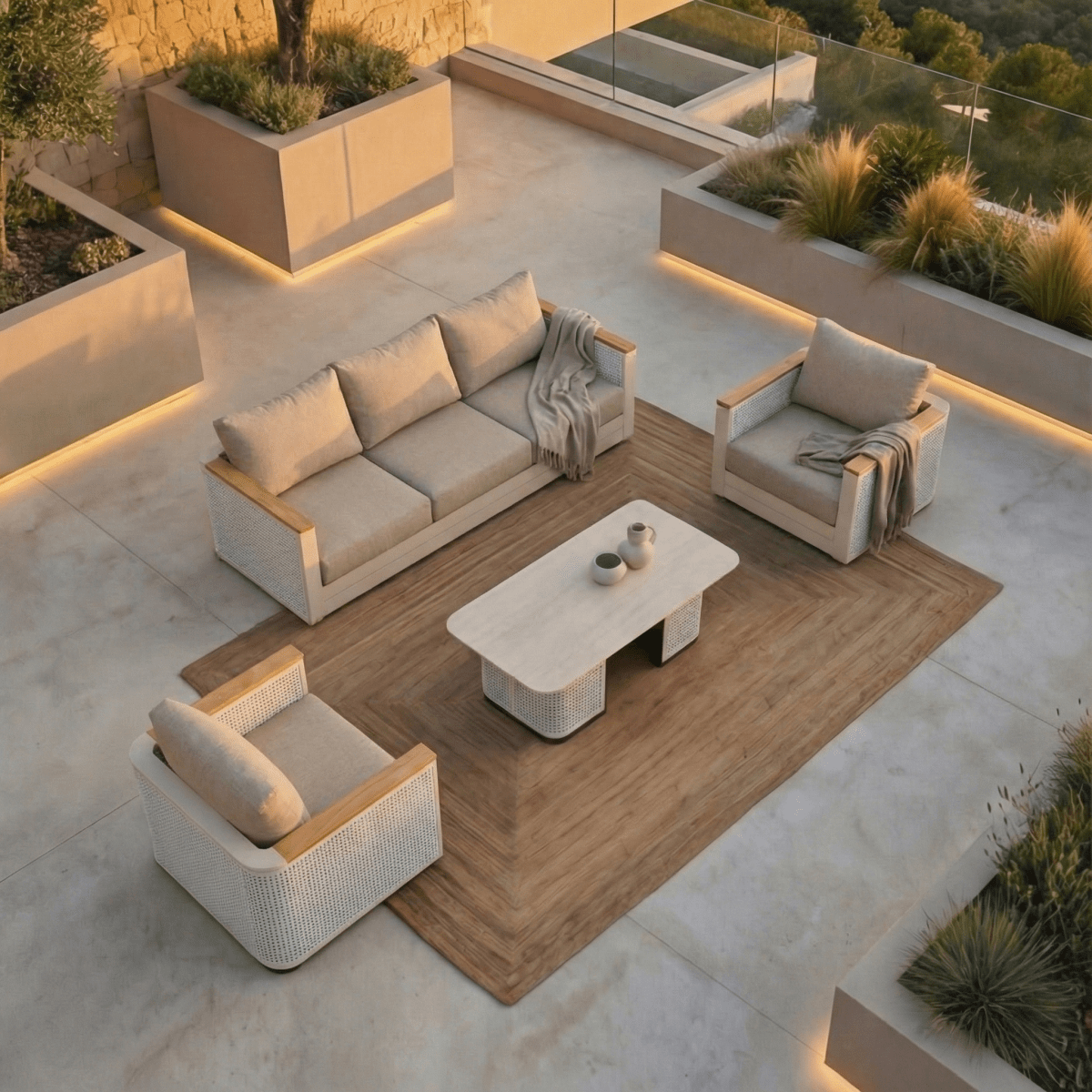 Arvin 4-Piece Conversation Set with Coffee Table, Sofa, and 2 Accent Chairs Taupe Conversation Set Leisuremod