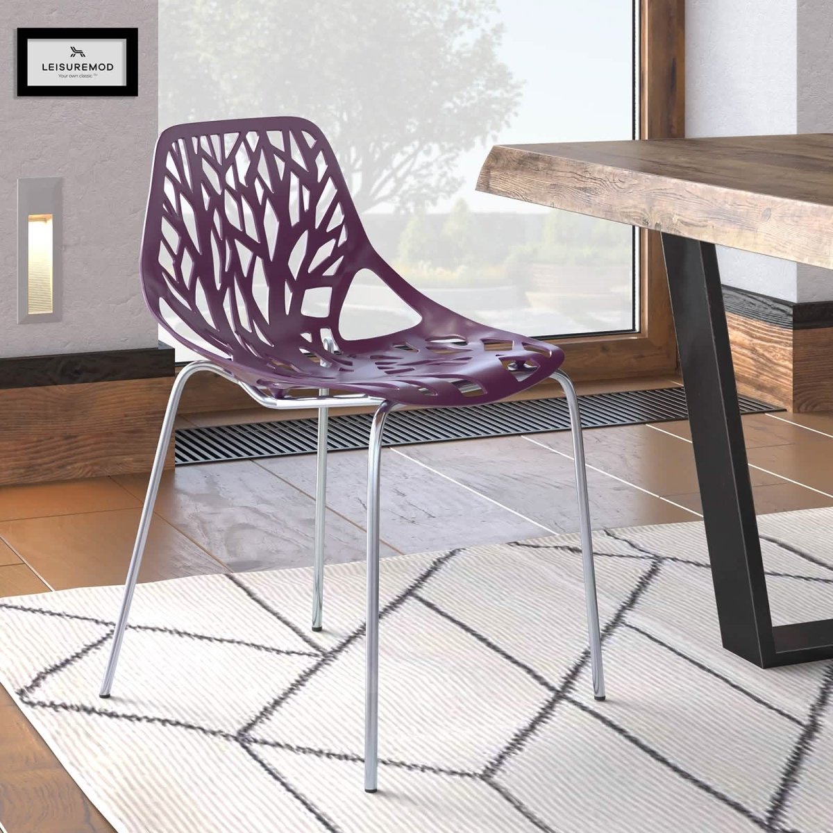 Asbury Polypropylene Dining Side Chair with Forest Cut - Out Design in Chrome