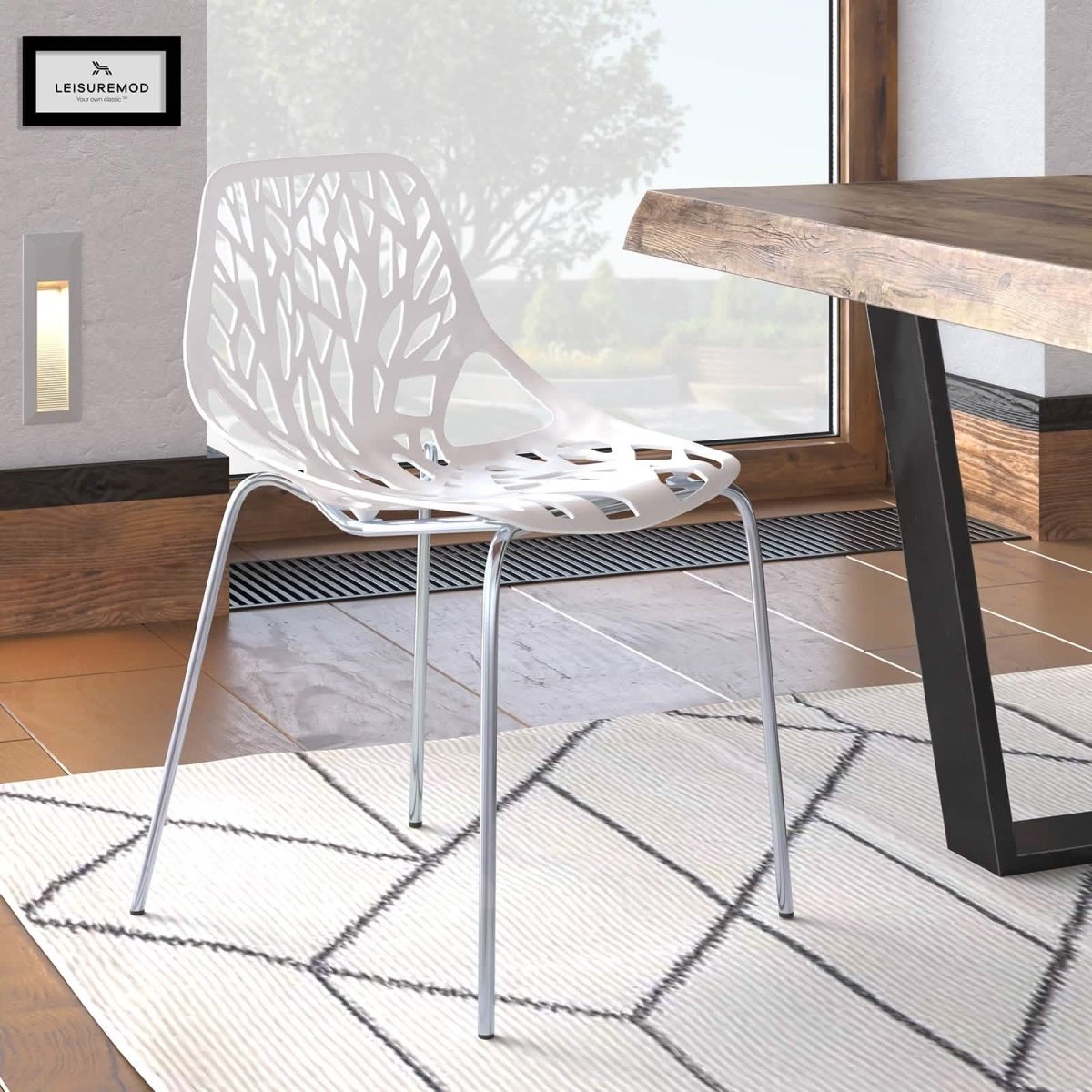 Asbury Polypropylene Dining Side Chair with Forest Cut - Out Design in Chrome