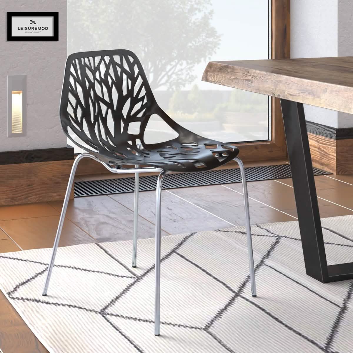 Asbury Polypropylene Dining Side Chair with Forest Cut - Out Design in Chrome
