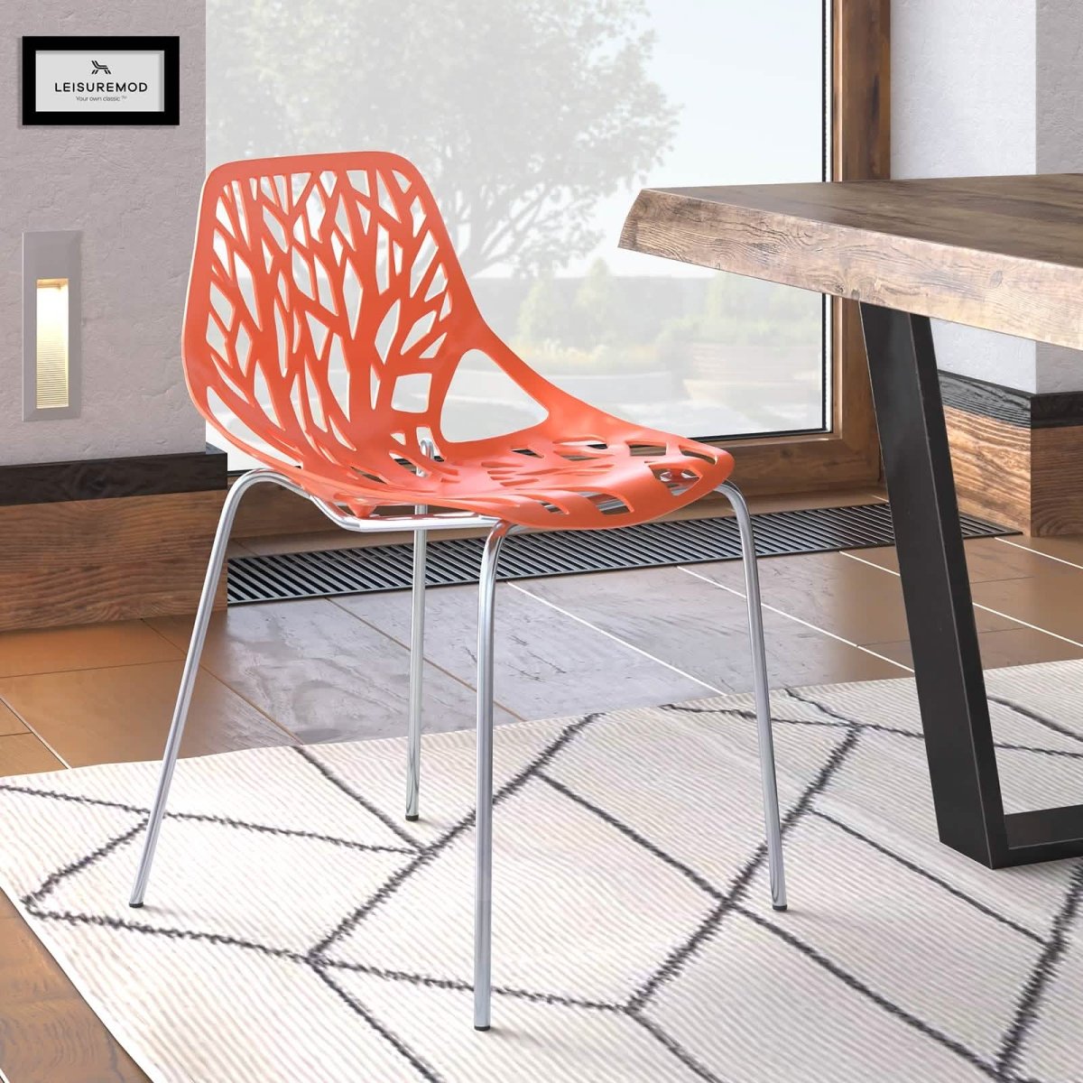 Asbury Polypropylene Dining Side Chair with Forest Cut - Out Design in Chrome