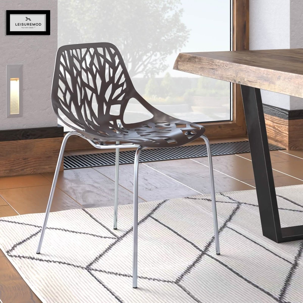 Asbury Polypropylene Dining Side Chair with Forest Cut - Out Design in Chrome