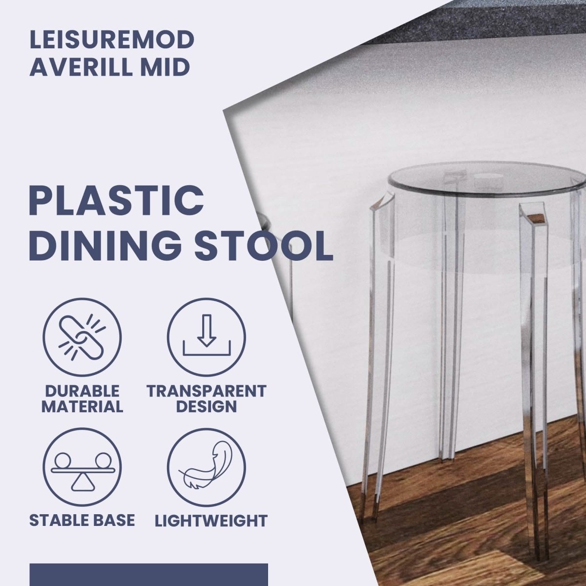 Averill Modern Plastic Dining Stool with Sturdy Seat and Legs for Kitchen and Dining Room
