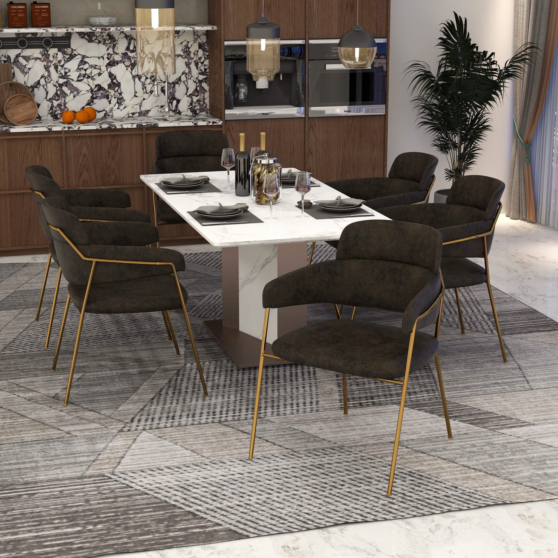 Axis Upholstered Dining Chair with Curved Open - Back and Arms and Black/Gold Stainless Steel Legs