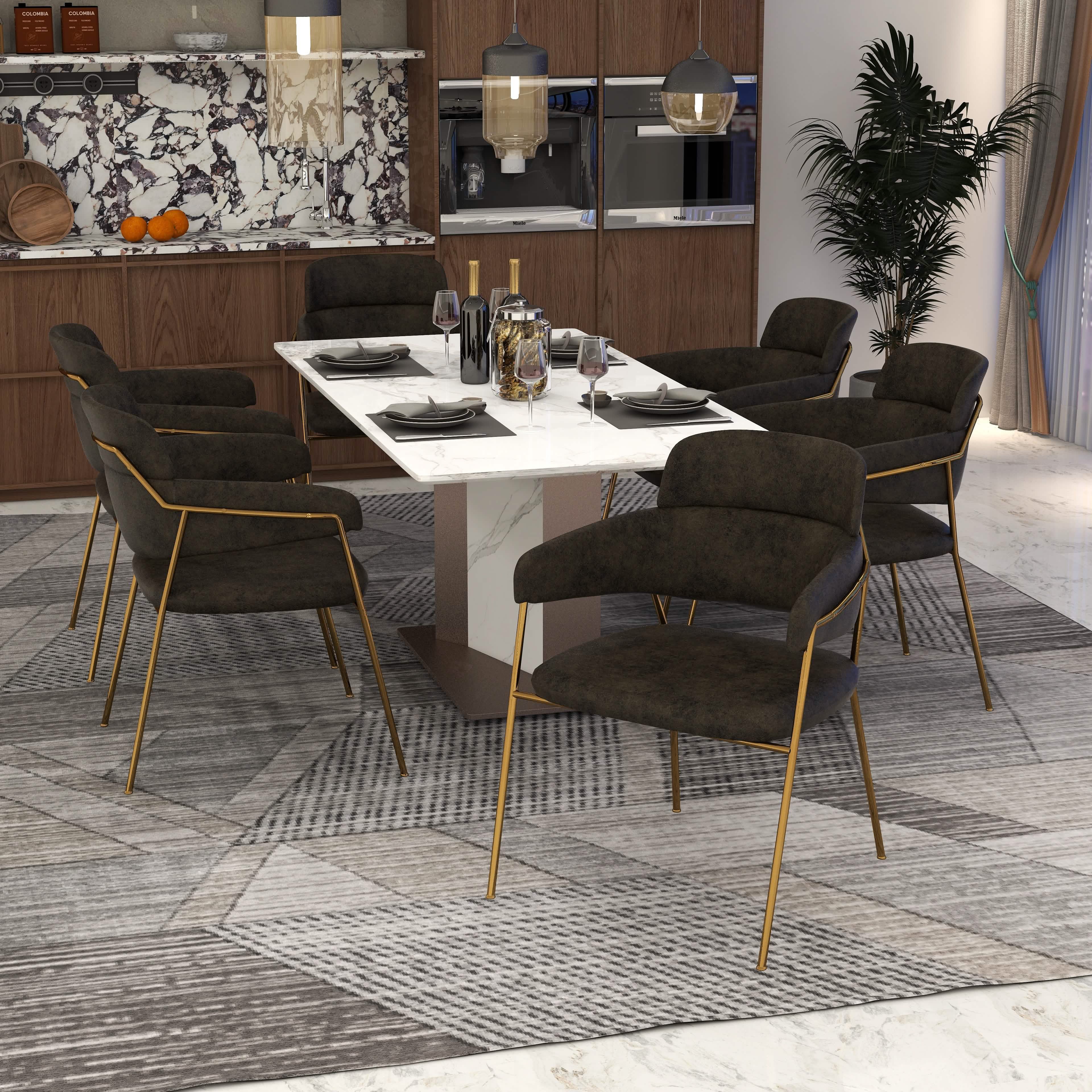 Axis Upholstered Dining Chair with Curved Open - Back and Arms and Black/Gold Stainless Steel Legs