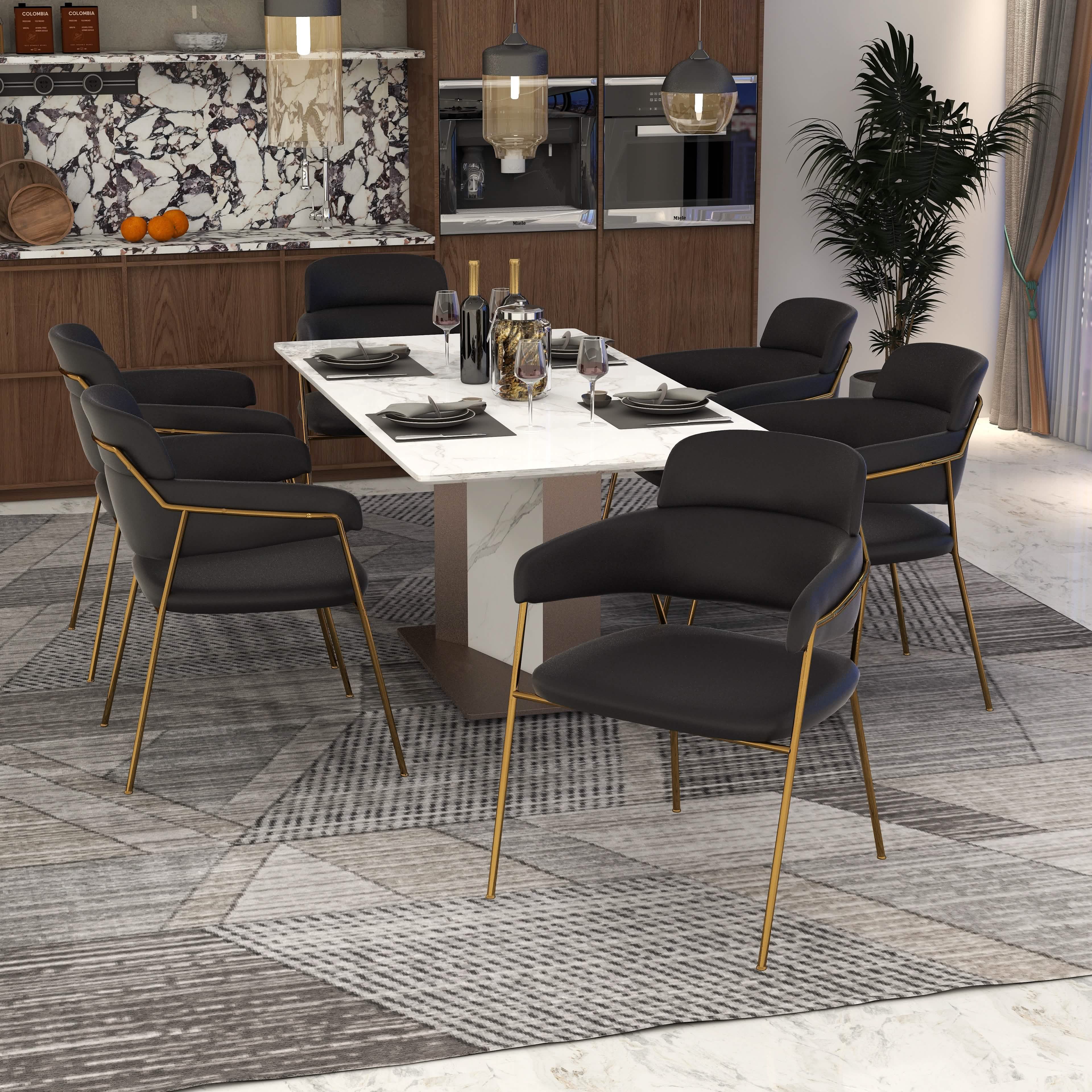 Axis Upholstered Dining Chair with Curved Open - Back and Arms and Black/Gold Stainless Steel Legs